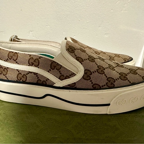 Gucci Brown Monogram Canvas Slip-On Sneakers with Cream Trim